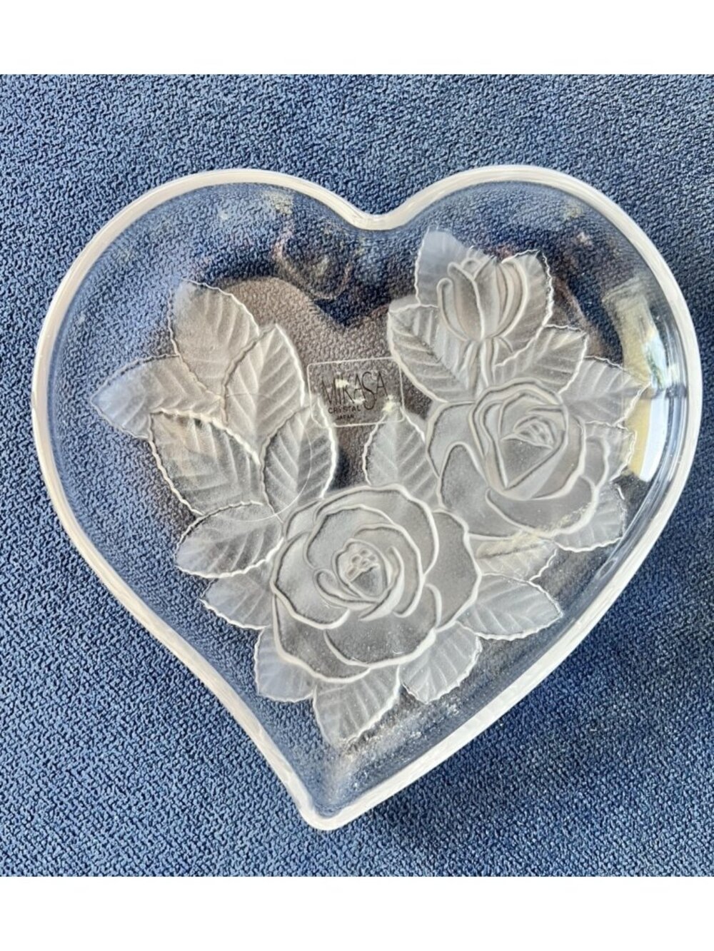 MIKASA Crystal Heart Shaped Bowl Frosted Roses Studio Nova Japan Candy Trinket